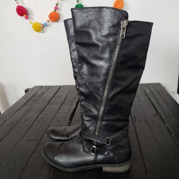 Rampage Idella Women's 8 Tall Black Boots Faux Leather Zipper Buckle Accents - Picture 1 of 11